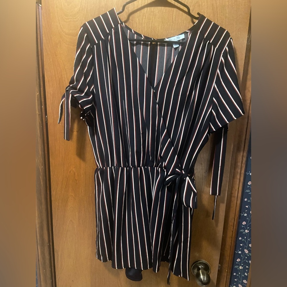 She & Sky Striped Wrap short romper.  Size L